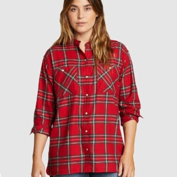 Eddie Bauer Shirt Size XL Red Plaid Snap-Button Fremont Collarless Flannel Tunic - Picture 1 of 15
